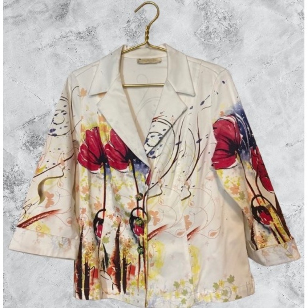 Impulse California Womens Floral Poppy Print Blazer Jacket White Red Large L